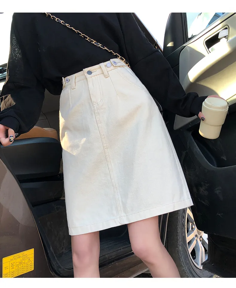 High Waist A-line Denim Skirt Women Vintage Loose Plus Size Elastic Jean Skirt Summer Straight Pencil Skirt White Black 201111