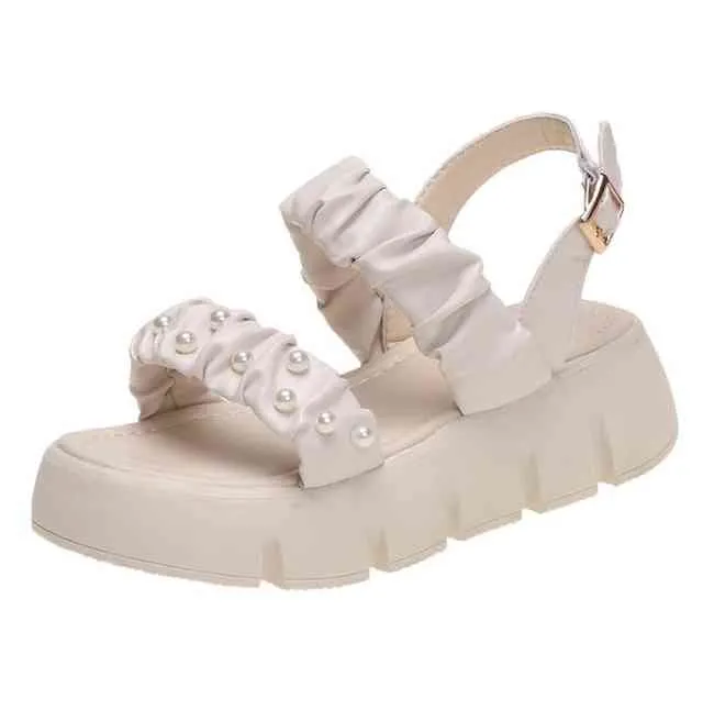 2021 Sommar damer Sandaler Skor för kvinnor Comfy Soft Leather Women's Sandals Wedge Low Heels Skor Tjock botten X220214