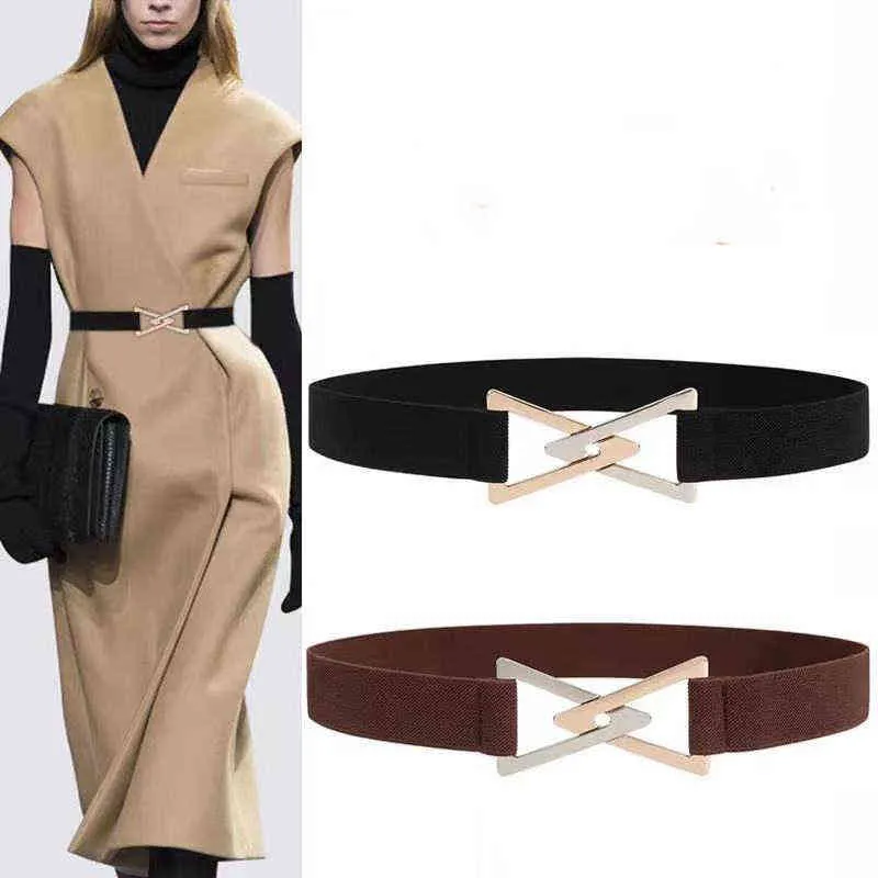 Elastic Women Fashion Belts Luxury Brand Two-Color Triangle Buckle Waist Strap All-Match Overcoat Dress Casual Female Waistband G220301