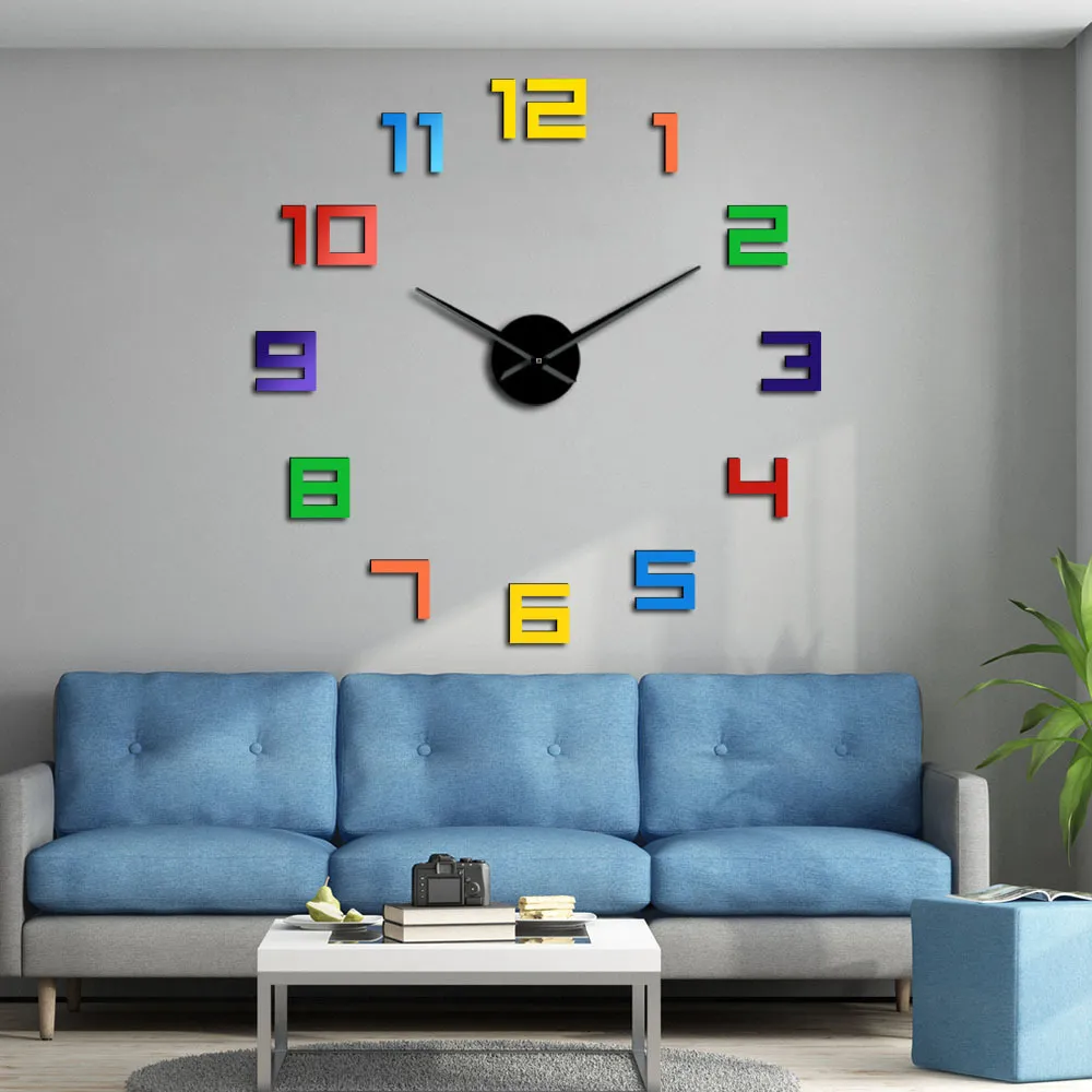 Numéros colorés sans cadre bricolage horloge murale couleurs arc-en-ciel géant montre multicolore arylique bricolage grands chiffres décor à la maison horloge LJ201211