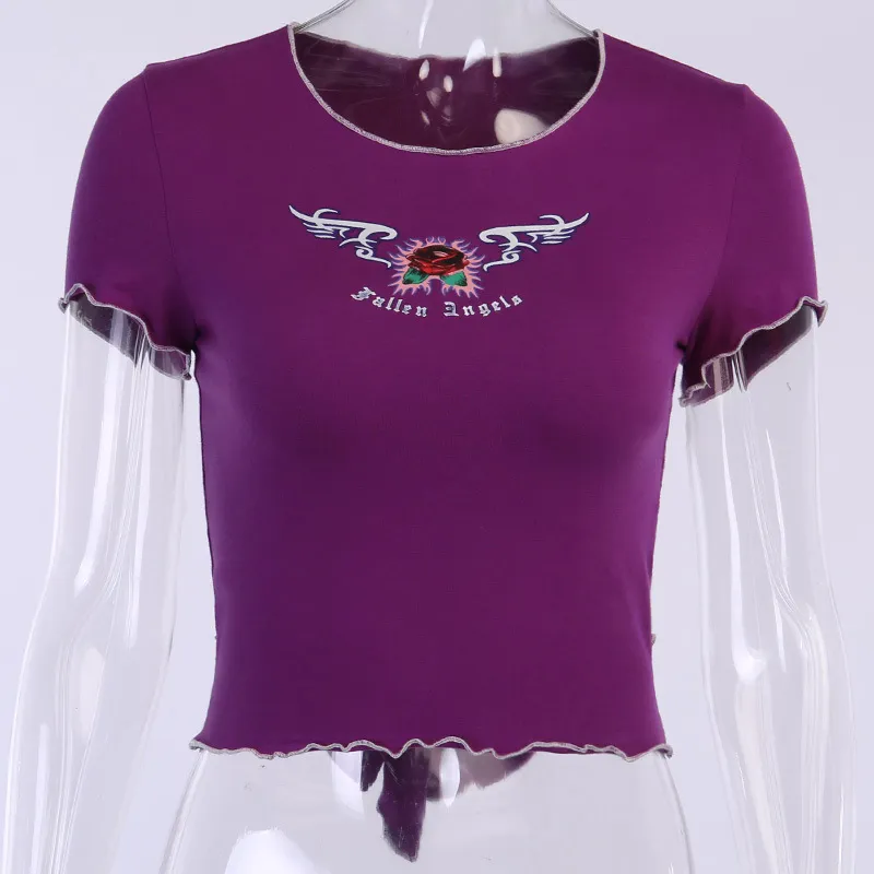 ArtSu Mode Ruffle Violet Coton T-shirt 2020 À Manches Courtes Lettre Fleur Imprimer Mignon Crop Top Gothique T-shirt D'été ASTS21536 T200525
