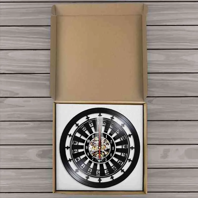 Casino Roulette Wheel Gamble Vinyl Record Wall Clock för Bar Pub Game Room Club Las Vegas Konstverk Retro Musik Album LP Klocka H1230
