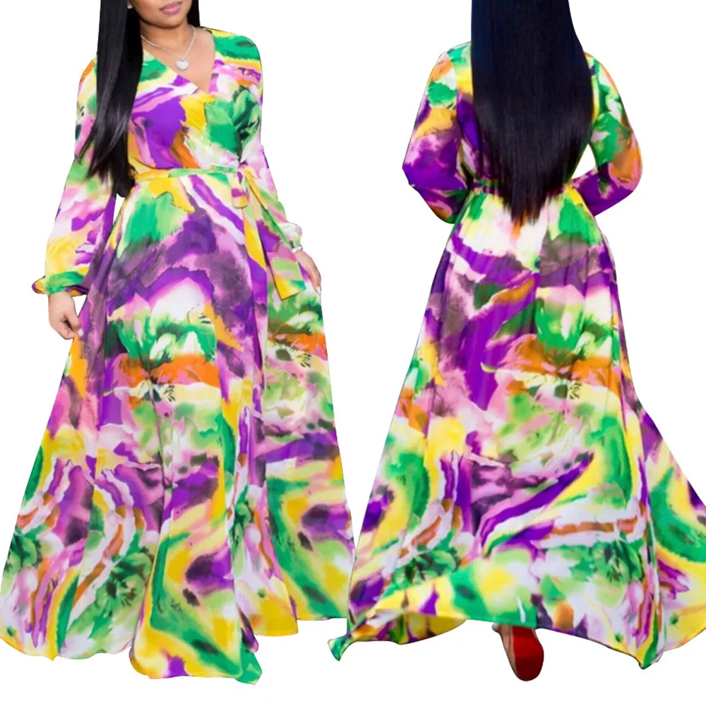 Fashion 2020 Stripe Blommigryck Långärmad Chiffong Klänning Kvinnor African V Neck Ladies Casual Boho Maxi Fall Höst Lång Klänning Y0118