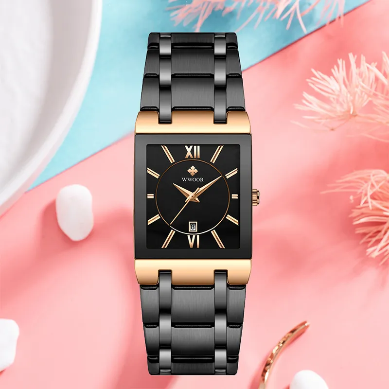 Wwoor Rose Gold Watch Women Square Quartz Waterproof Ladies Watches Top Brand Luxury Elegant Wrist Watch Female Relogio Feminino 2215o
