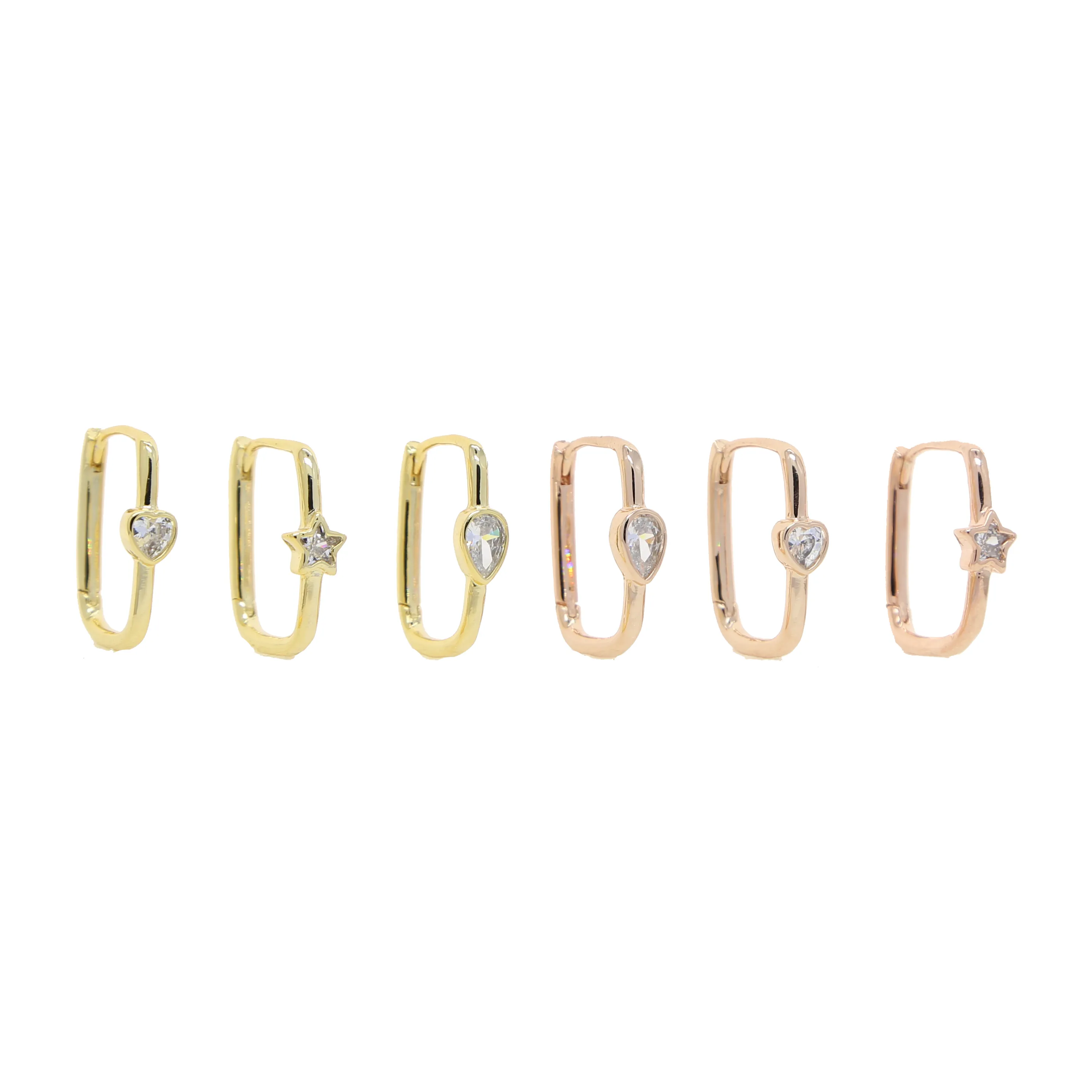 2021 New Arrival Rose Gold Color Geometric Waterdrop Star Heart Single CZ Simple Multi Piercing Rectangle Huggie Hoop Earring