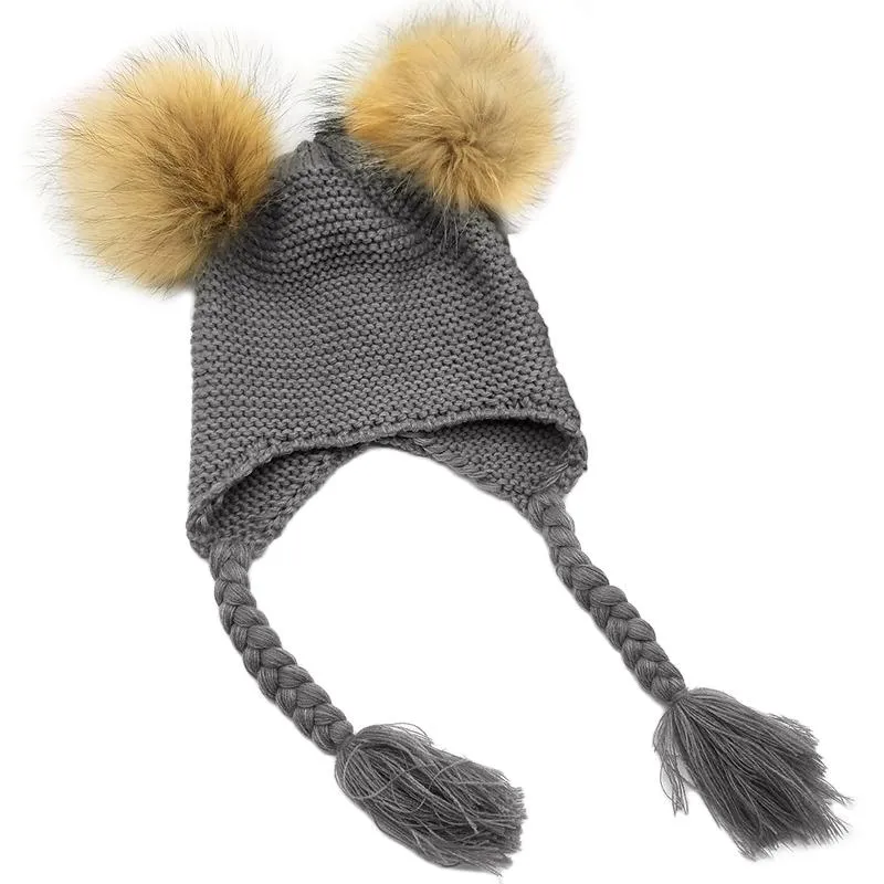 Bambini in lana in maglia vera pelliccia pom pom hat neonato ragazzi ragazzi uncinetto a orecchie di cappello inverno berretto vera pelliccia di pelliccia di pelliccia bambini308q