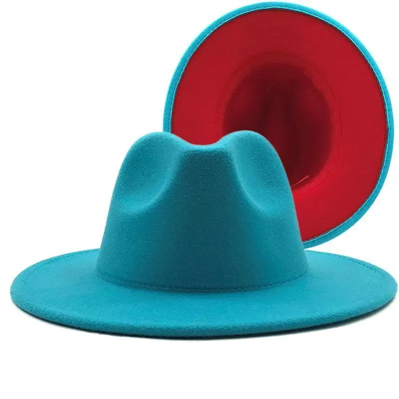 2021 Новая красная нижняя лоскутная шерстяная фетровая джазовая шляпа Fedora с тонкой пряжкой ремня Мужчины Женщины Широкие поля Церковная шляпа Панама Trilby Caps C0123