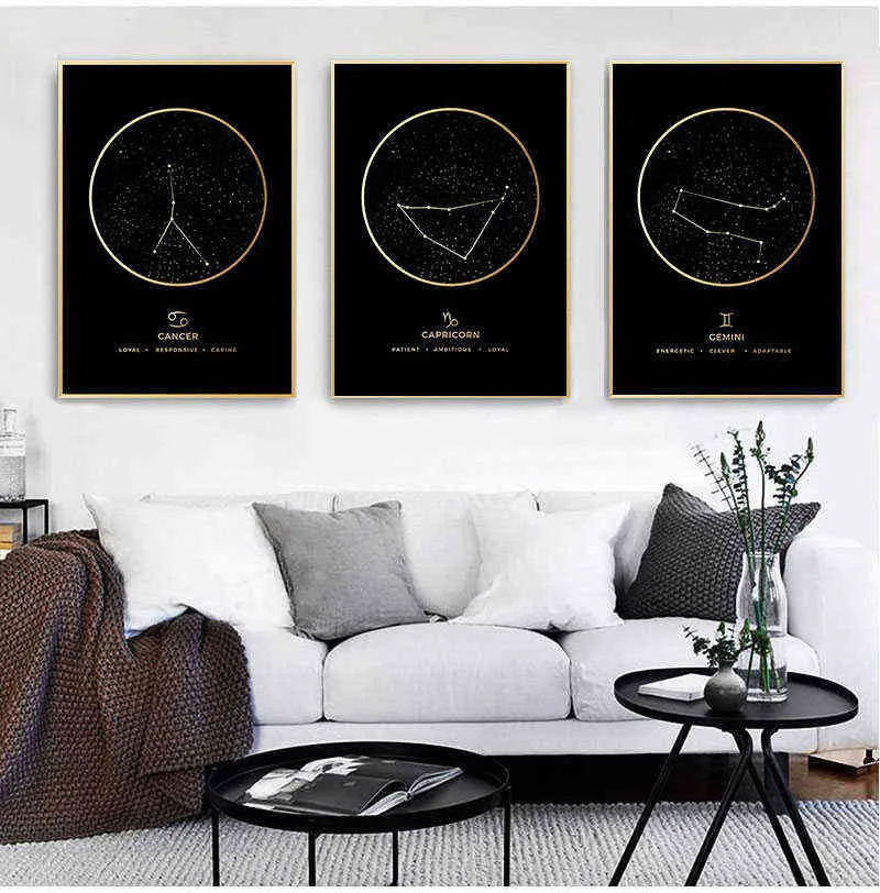 Moda Zodiaco Astronomia Wall Art Nursery Stampa Su Tela Pittura Nordic Kid Decorazione Immagine Home Decor 211222