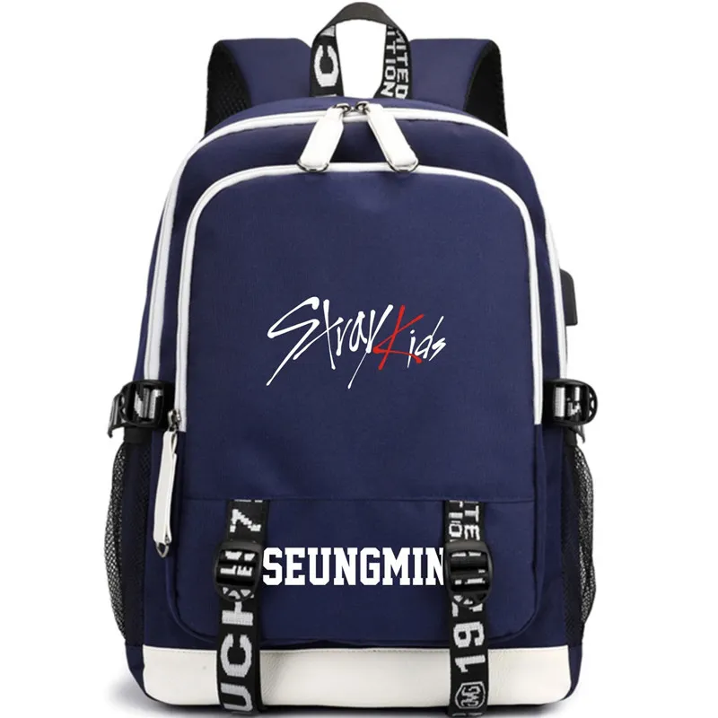 KPOP USB Stray Kids Rucksack Schwarz Blau Schultasche JISUNG WOOJIN SEUNGMIN MINHO JEONGIN FELIX CHANGBIN HYUNJIN LJJ626 LJ201225