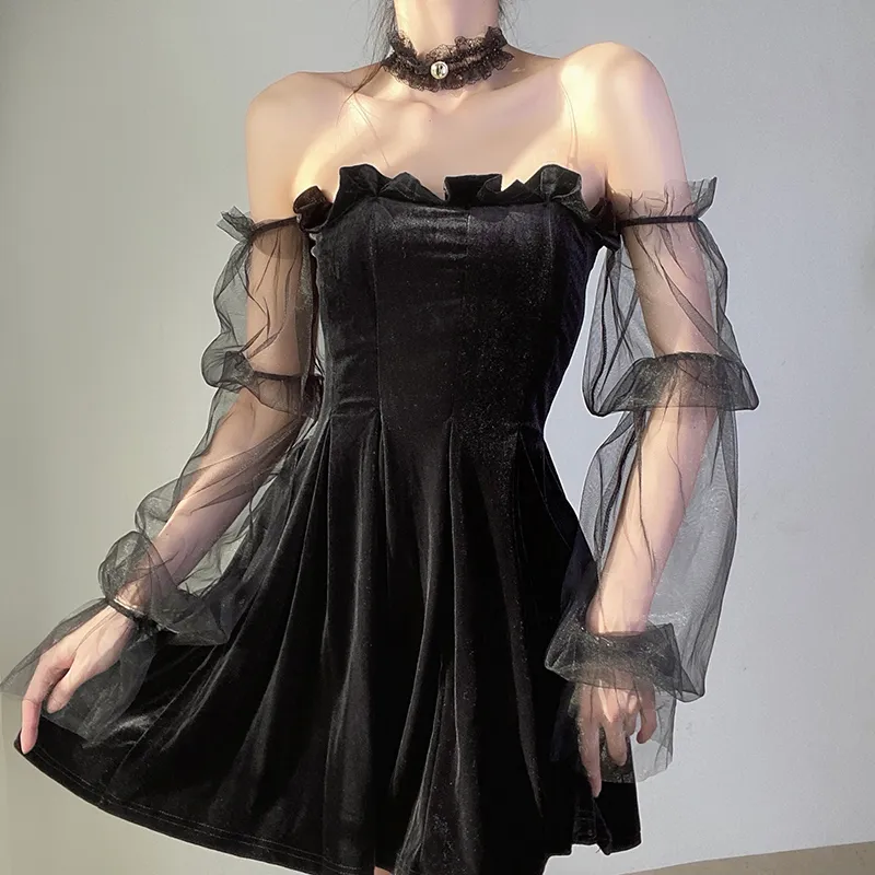 YANGELO Gotik Seksi Elbise Vintage Kapalı Omuz Fener Kol Mesh Patchwork Kadife Mini Elbise Karanlık Sokak Siyah Elbise Kadın 220311