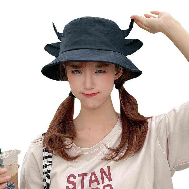 Kore kadın erkekler yaz pamuk kova şapka süt inek desen kawaii 3d öküz boynuz kulakları geniş ağız güneş koruyucu balıkçı kap y220301