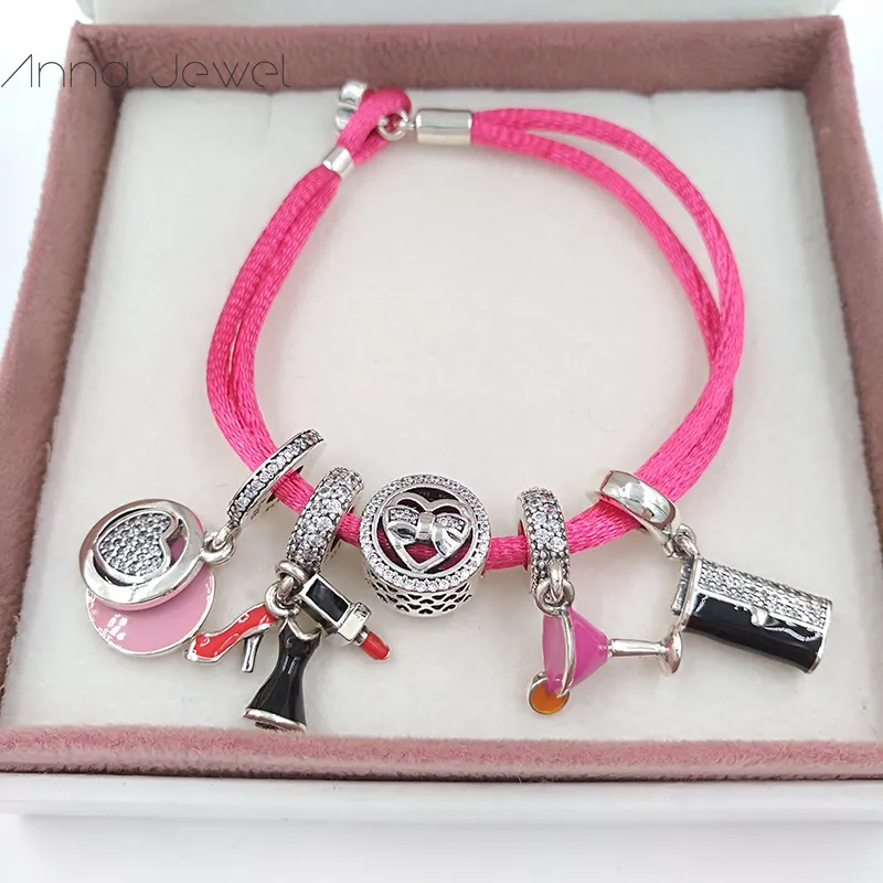 Hoge kwaliteit fijne sieraden 100% echt stof koord armband roze mix grootte 925 zilveren kraal past pandora charms armband DIY markeren voor vrouwen mannen geschenken 590749CPH-S