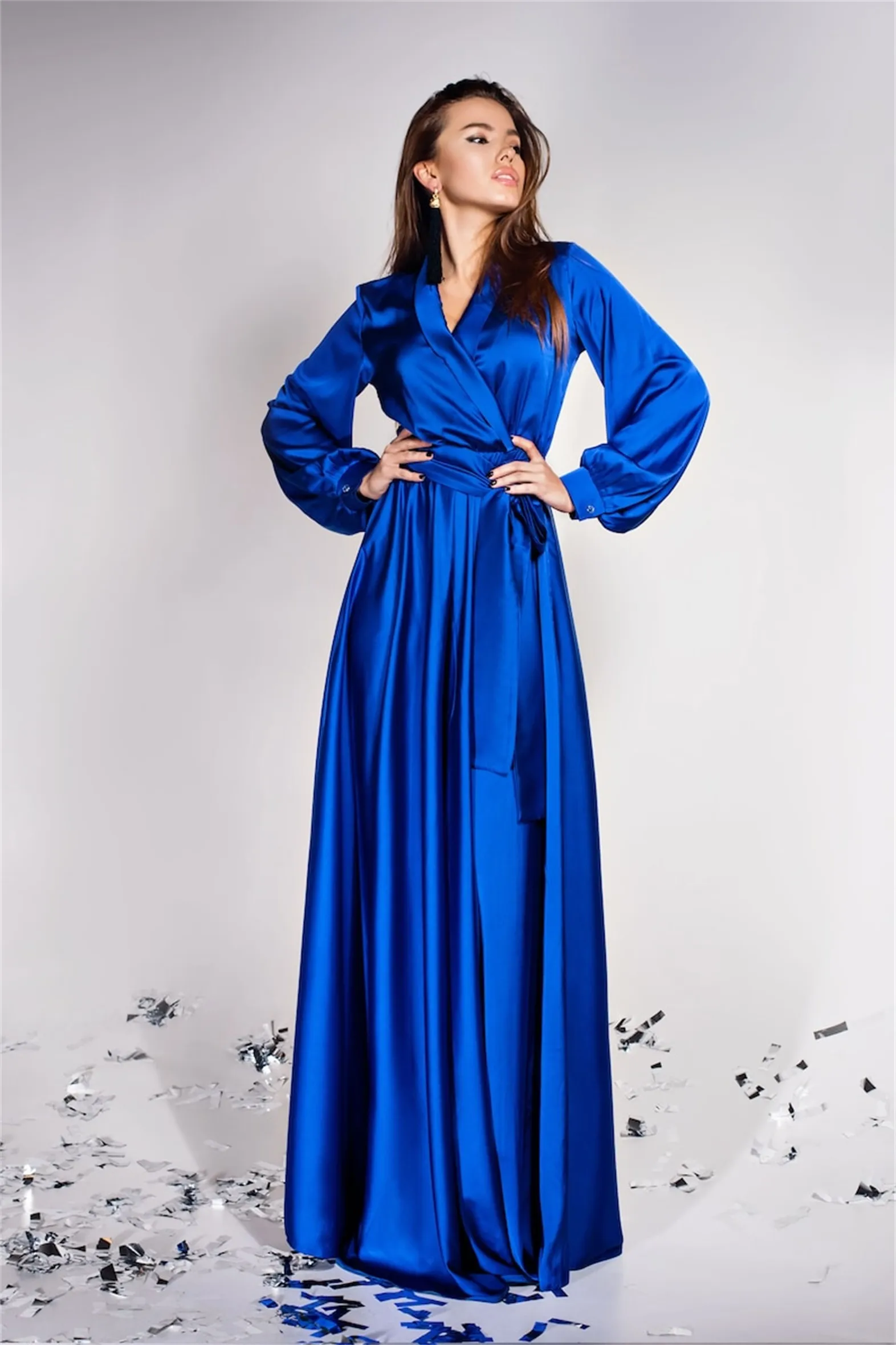 New Winter Royal Blue Silk Long Sleeve Women Sexy V Neck Kimono Pregnant Party Sleepwear Bathrobe Nightgown Wedding Robes 193q