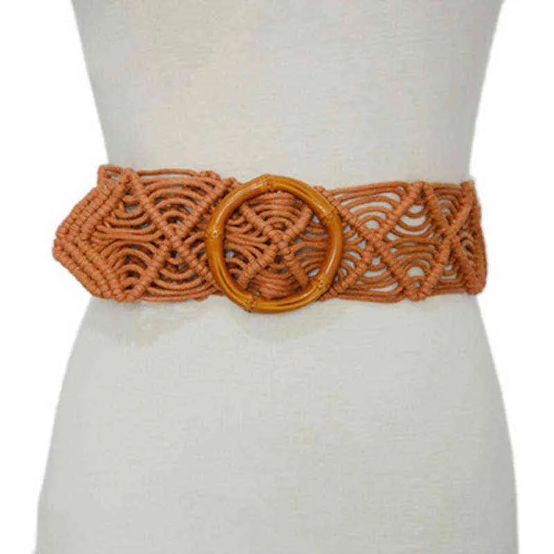 Vintage Wide Bohemian Belts For Women Round Wood Buckle Woven Braided Rope Belt Female Casual Crochet Boho Dress Waistband G220301