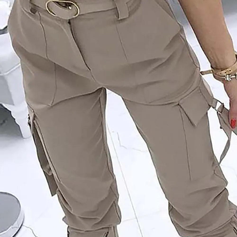 Women High Waist Cargo Pants Jogger Skinny Zipper Pockets Belted Trousers Lady Casual Ankle-Length Pants Fashion Streetwear D30 201109
