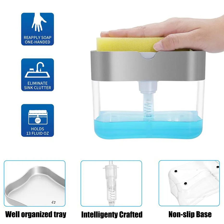 SOAP Pump Dispenser med svamphållare Rengöring av vätskedispenser Container Manual Press Soap Organizer Kitchen Cleaner Tool C100722247243