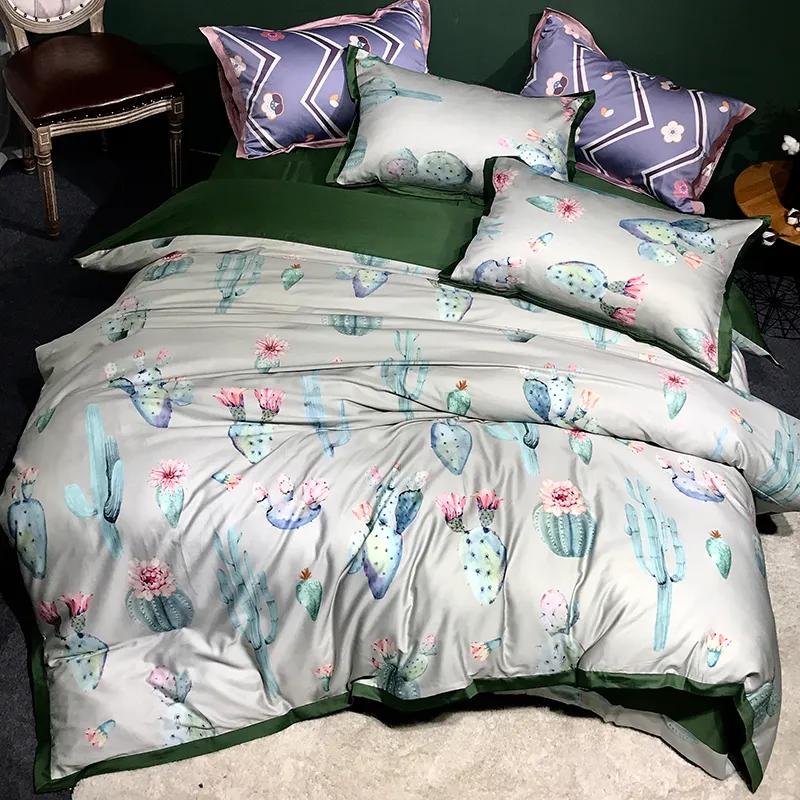 Roślina Kaktus Liście Wzór Duvet Pokrywa Zestaw Pościel Soft Egiptian Bawełniana Pokrywa Kołdra Pościel Poszewki Queen King Size 4 SZTUK T200706