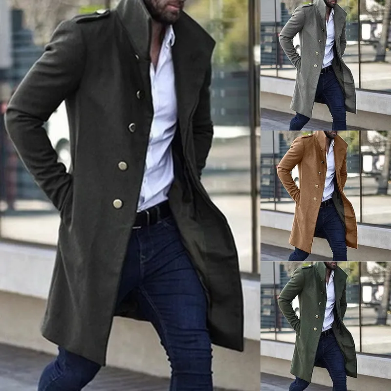 남자 트렌치 코트 재킷 슬림 한 단색 야생 스탠딩 칼라 단일 가슴 긴 트렌치 재킷 캐주얼 오버 코트 2010122228V