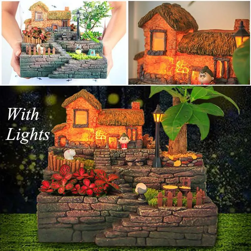 Resin Micro Landscape Succulents Plant Flower Pot w/Light Home Desktop Decorations Succulent Plants Planter Flowerpot Decoration Y200723