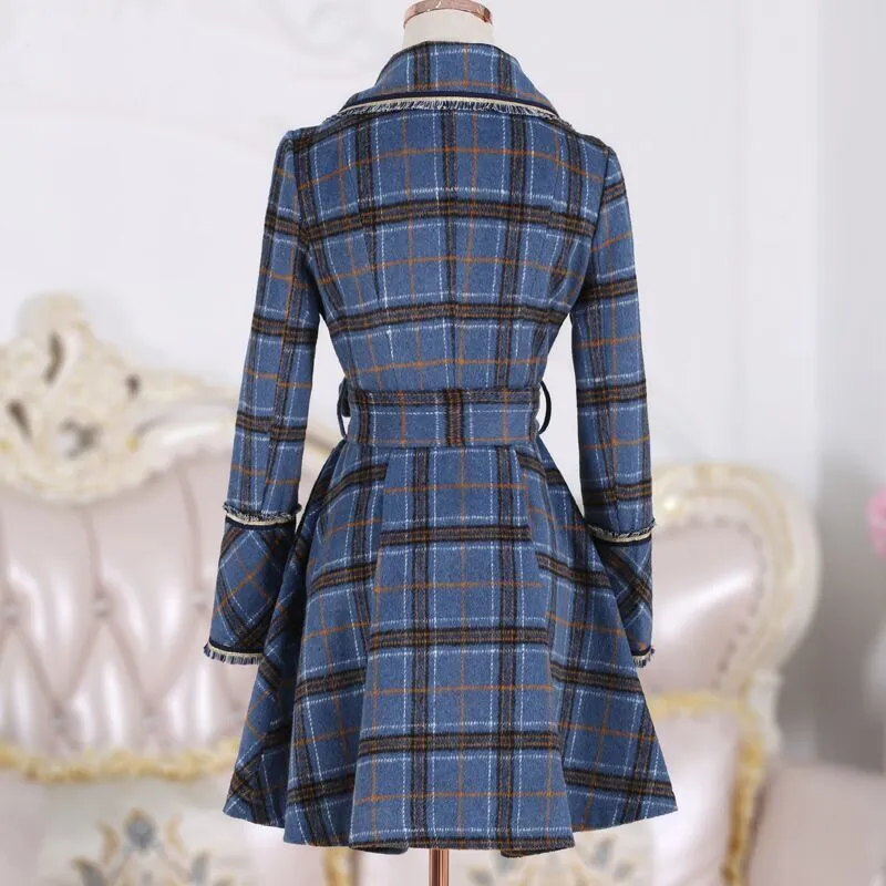 Womens Trench Coat Blue Plaid British Medium Long Woolen Coat Winter Women Windbreaker 201030