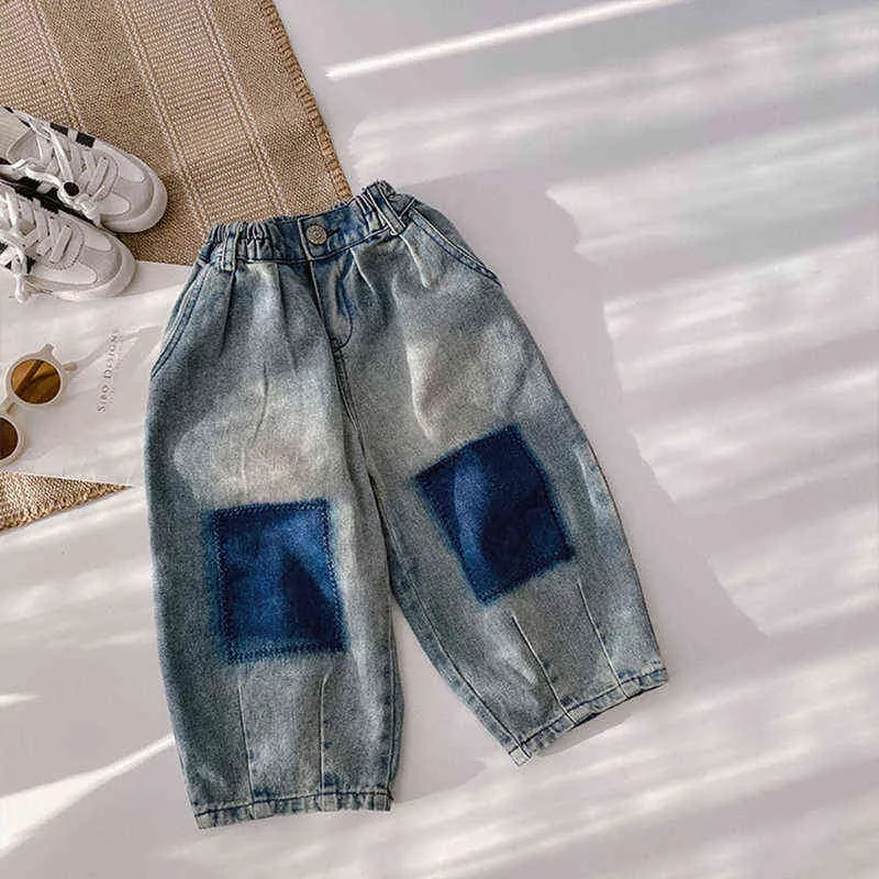 Koreański styl 2021 Moda Patchwork Jeans Chłopcy Moda Luźny Piasek Pranie Dżinsowe Spodnie 1-7y G1220