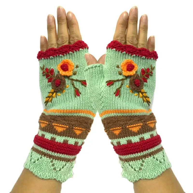 Five Fingers Gloves Knitted Long Hand Women's Warm Embroidered Arm Warmers Kawaii Winter Fingerless Touchscreen Girl Outdoor12589