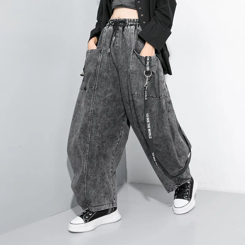 EAM Wide Been Black Big Size Ribbon Stitch Jeans Nieuwe High Taille Loose Trousers Fashion Spring Autumn 1D202 201109