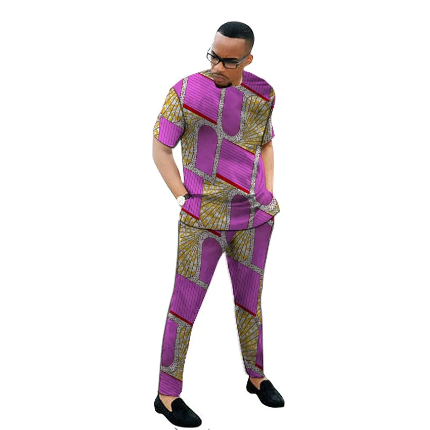 African print men's set clothing kente tops matching trousers Ankara outfits shirt+pant custom made man groom suits LJ201125