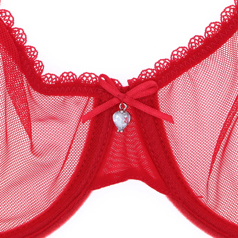 Varsbaby sexy big red see-through filato lingerie set strass fiocco trasparente reggiseno e slip set Y200708