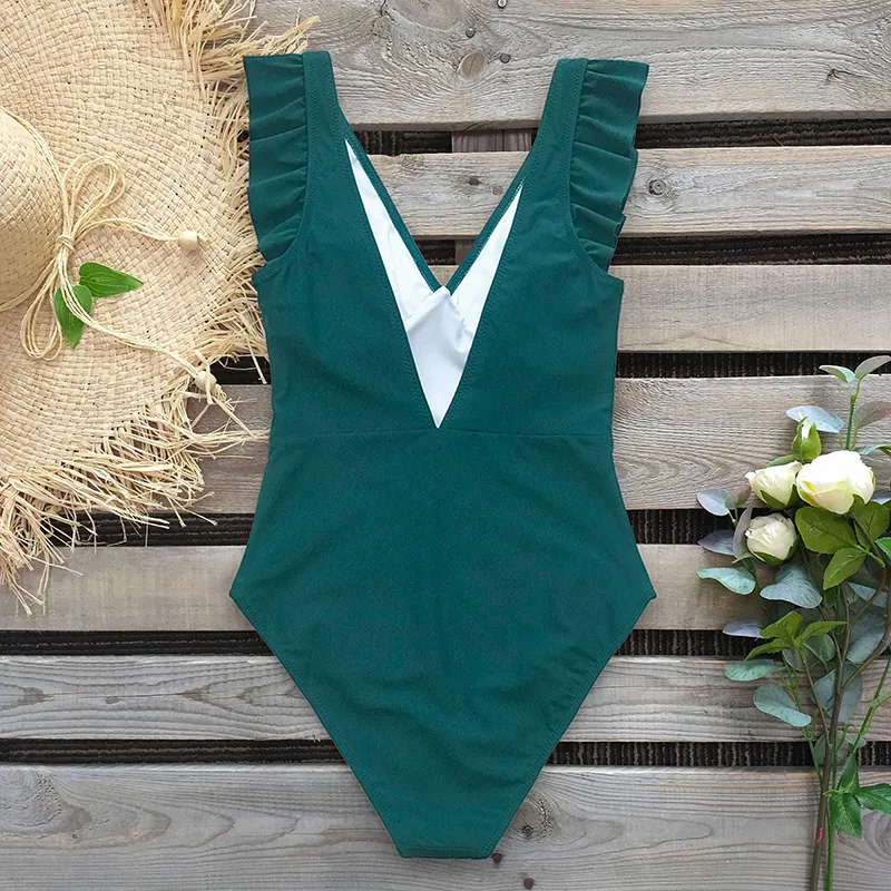 2020 Sexy Green Teal Plunging Solid Swimwear Women Swimsuit Ruffle Ruched Monokini Girl Beach Wear Bathing Suits S XXL T200708