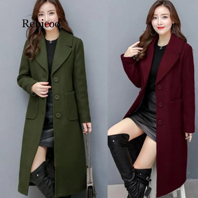 Nowa jesień zimowa płaszcz dla kobiet w rozmiarze mody Town-Down Kieszonki stałe długie wełniane mieszanki płaszcza dla kobiet duże odzież wierzchnią LJ201106