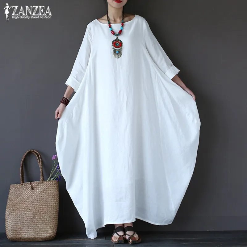 Printed Maxi Dress Womens Sundress ZANZEA Plus Size Linen Dress Summer Long Sleeve Long Tunic Vestiso Casual Party Robe T200416