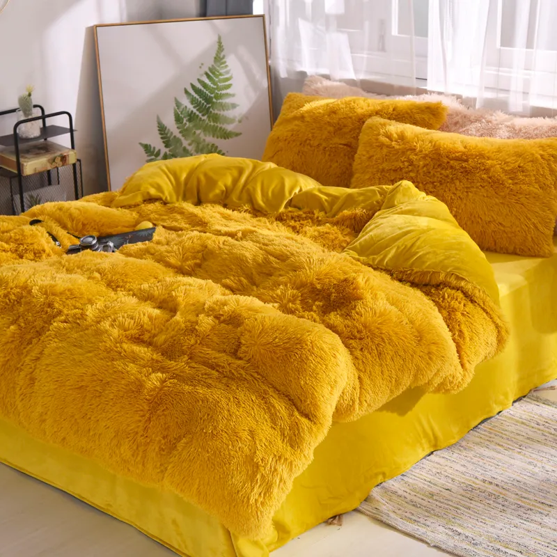 Faux Fur Comforter Bedding Set Coral Fleece Fitted Sheet Duvet Cover Bedcover Bedspread on Bed Sheet with Elastic Band 29799737
