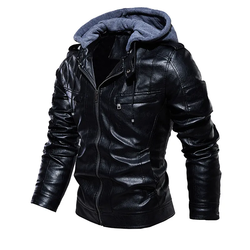 Giacca in pelle da uomo Giacca con cappuccio con cerniera Cappotto invernale da uomo Giacca da motociclista sottile Abbigliamento moda Outwear Plus Size 4XL 201128