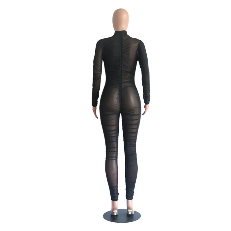 2019 New Long Sleeve Black Sexy Bodycon Jumpsuit for Women Mesh See Through Skinny Rompers Female Draped Going Out Club Overalls T200107