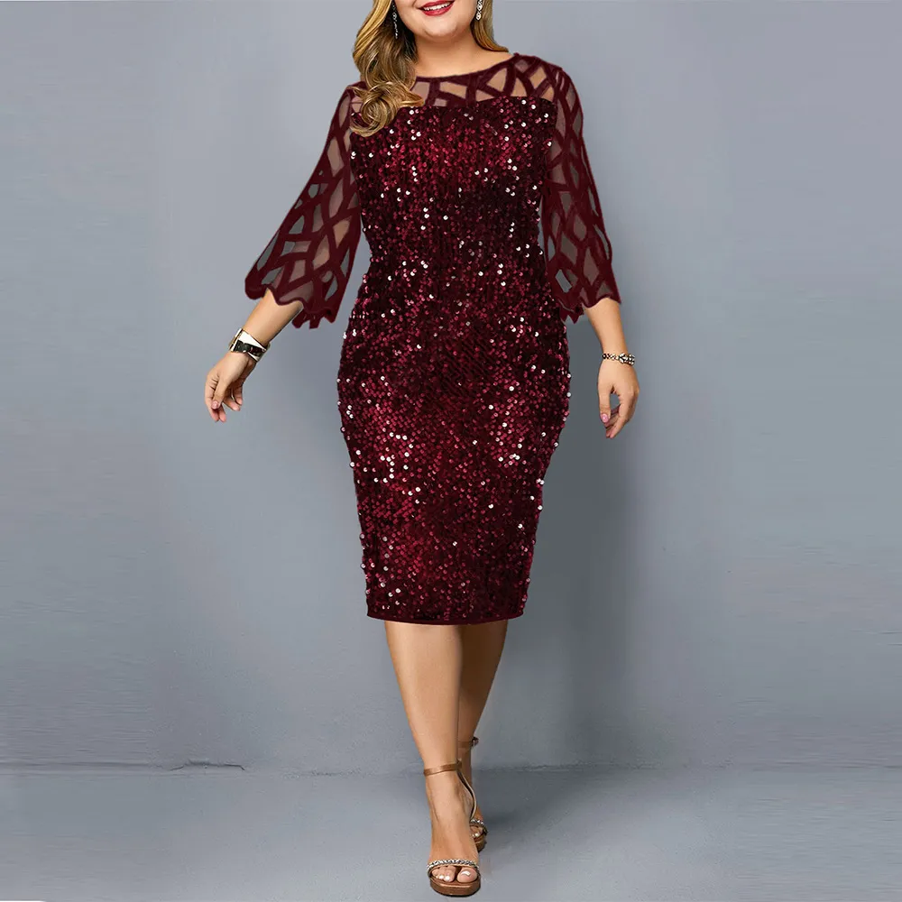 Party Dresses Sequin Plus Size Women's Dress 2021 Summer Birthday Outfit Sexy Red Bodycon Dress Wedding Evening Night Club Dress Y0118