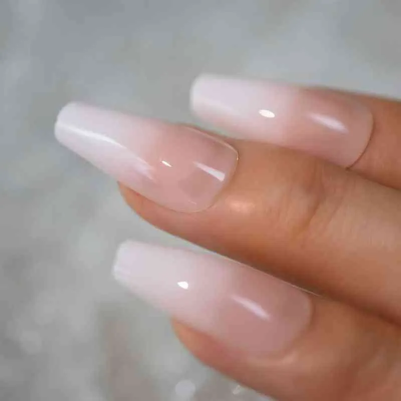 False Nails Long Ombre French Ballerina Fake Nail Nude Color White Faux Ongles Gradeint Natural Coffin False Nails 220225