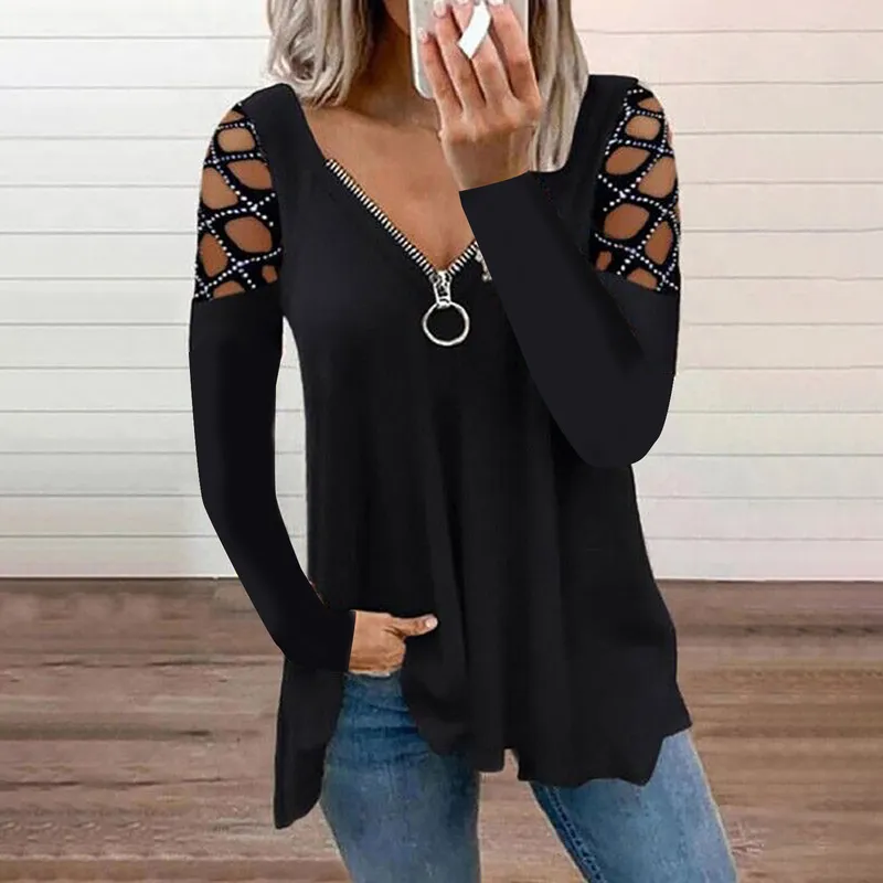 Spring Autumn Drilling Zipper V Neck Long Sleeve T-shirt Women Sexy Casual Loose Fashion Hollow Out Retro Shirt Top 5XL 220214