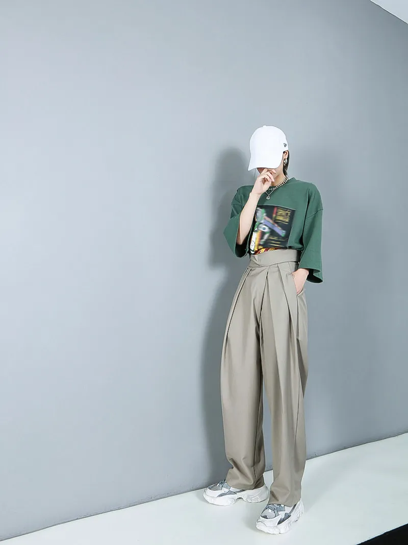 [eam] 높은 허리 군대 녹색 주름 led 넓은 다리 바지 새로운 느슨한 맞는 바지 여성 패션 조류 봄 가을 1R774 201031