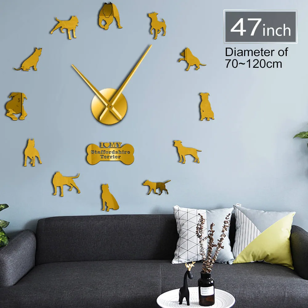 Pit Bull Decorative 3D DIY Wall American Staffordshire Terrier Fashion Home Clock With Mirror Numbers Stickers 2012126031982