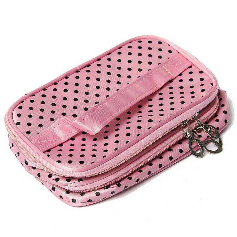 NXY化粧品バッグレディースファッションドットパターン二重層化粧バッグ（ピンク）220302