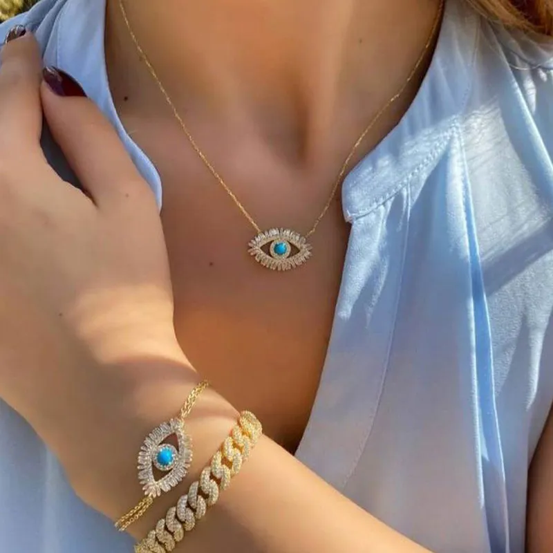 Trendy 18k oro placcato collana occhio diabolico turco regalo ragazza fortunata baguette zirconi turchesi geomstone gioielli occhio diabolico di alta qualità