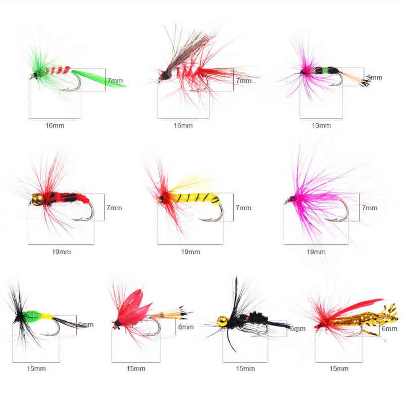 Fly Fishing Flies Kit 100st 20 Färger Lures Bass laxöring Torka / våt fjäderbete Tack 220207