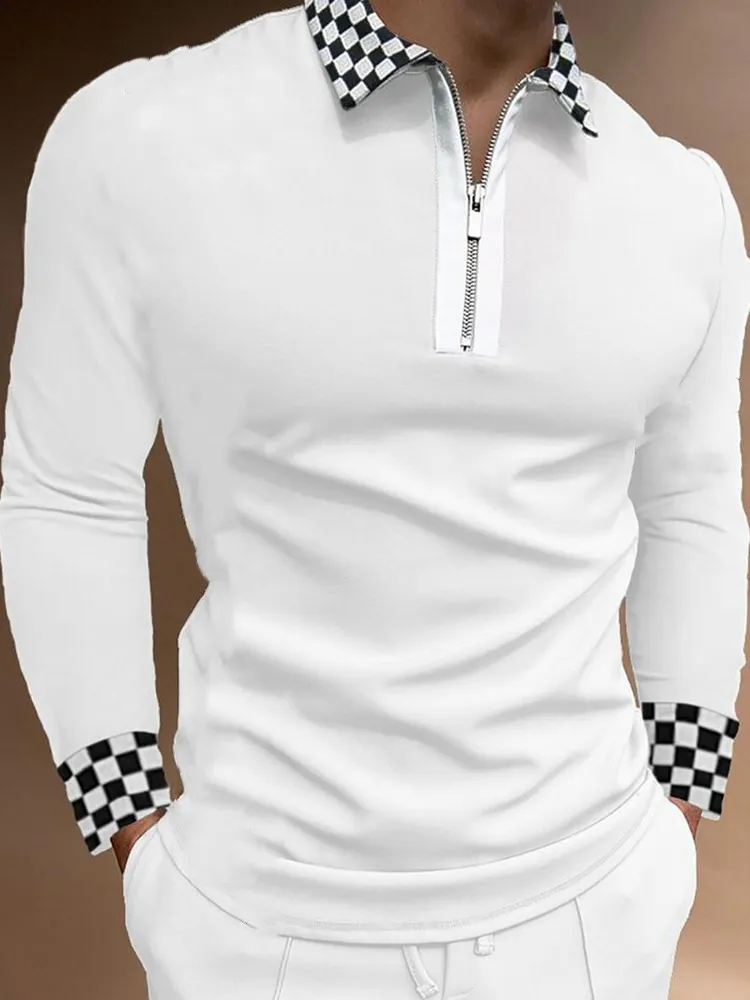 Fashion Patchwork Striped Long Sleeve Tops Male Casual Zip-up Turn-down Collar Polo Shirts Vintage Casual Men'sslim Pol 220308