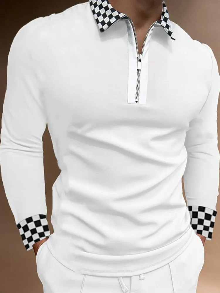 Mode lapptäcke randig långärmad topps manlig casual zip-up turn-down collar polo skjortor vintage casual Men'sslim Pol 220308