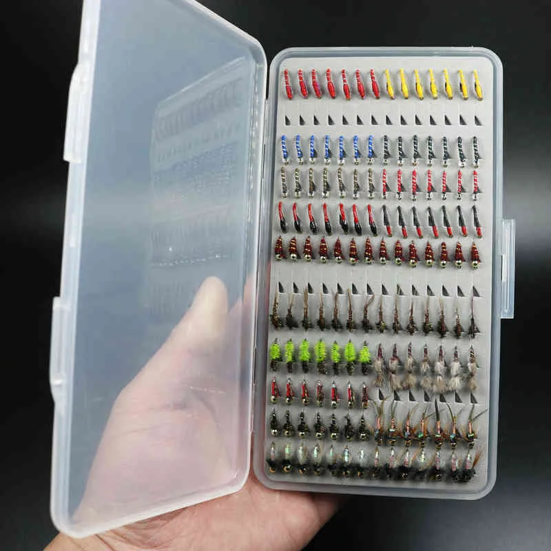 ICERIO 133 pçs/conjunto Ultrafino Portátil Ninfa Scud Midge Moscas Kit Variedade com Caixa de Iscas de Pesca de Truta 220107