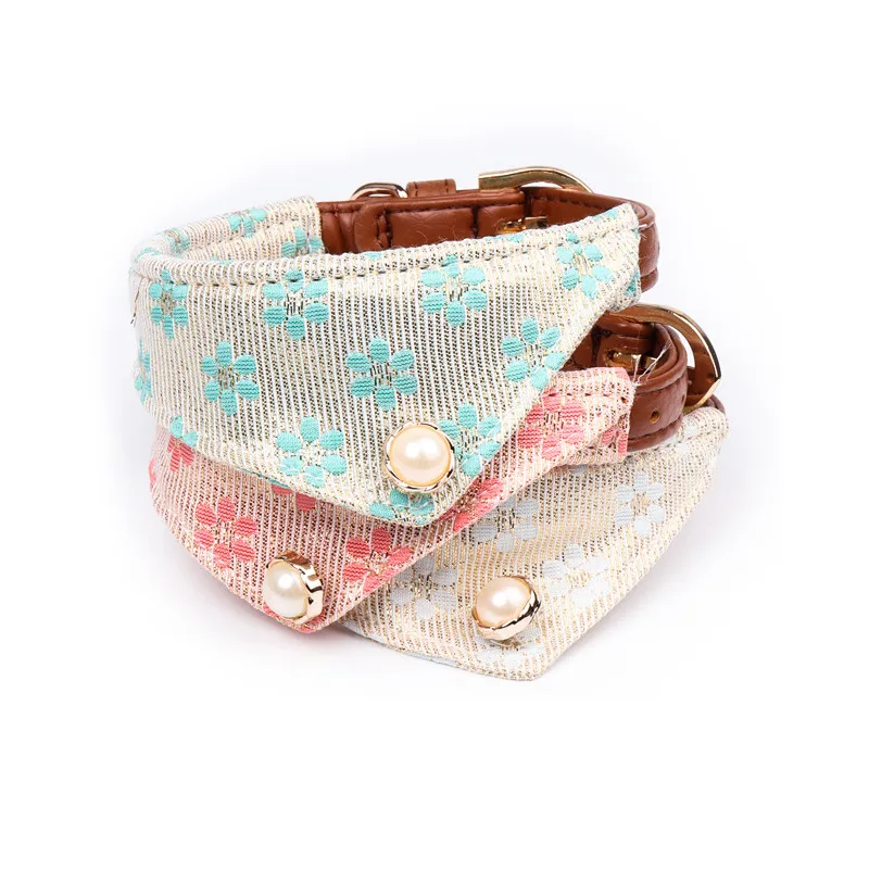 Adjustable PU Material Dog Collar Leash Set Fashion Flower Pattern Scarf Style Lace Cloth For Medium Small Dogs Leash 201125