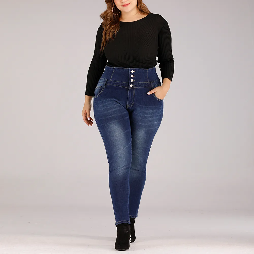 4xl Women Button Winter Jeans Plus Size High midja Skinny Denim Pants Casual Stretch Pencil Jeans Ladies Calca Feminina D30 210203