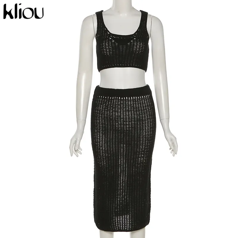 Kliou – ensemble tricoté deux pièces pour femmes, jupe haute rue, décolleté ajouré, débardeur sans manches + gaine, Sexy transparent, 220221