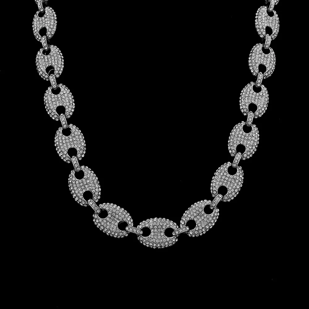Ювелирные изделия в стиле хип-хоп, блестящие цепочки, новое мужское кофейное ожерелье, фасоль, полное бриллиантов, ожерелье из сплава со свиным носом, Iced out245R